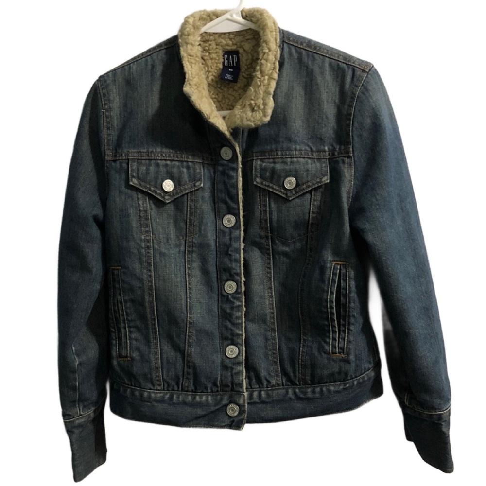 GAP‎ Denim Trucker Jacket Sherpa Lining Vintage Bomber Acid Wash Women’s XS